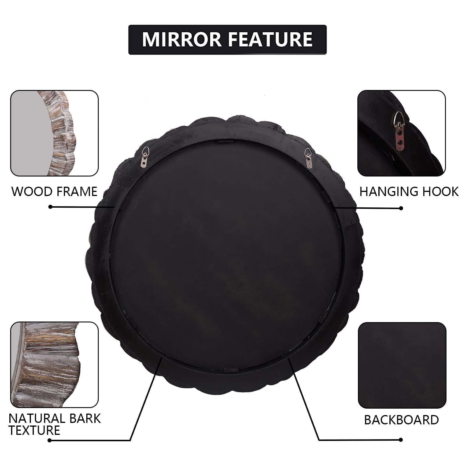 35" Wood Round Mirror, Rustic Wall Mirror with Thick Frame, Large Round Mirror for Wall Decor, Wooden Circle Beveled Mirror for Entryway, Farmhouse, Washed White