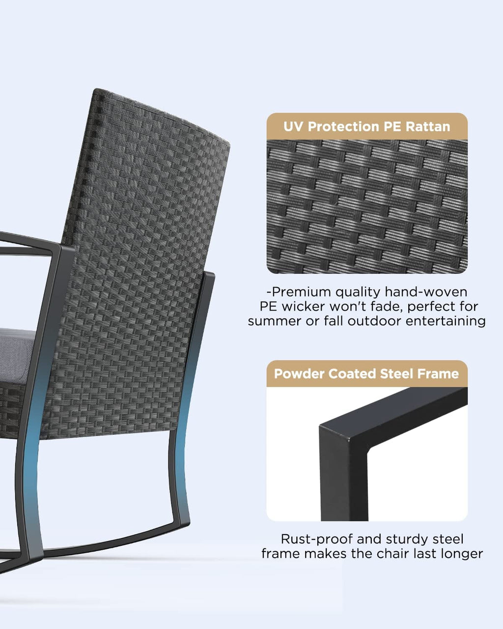 3 Piece Patio Bistro Set, Outdoor Furniture Rocking Chair Set with Glass Table, Beige Cushion