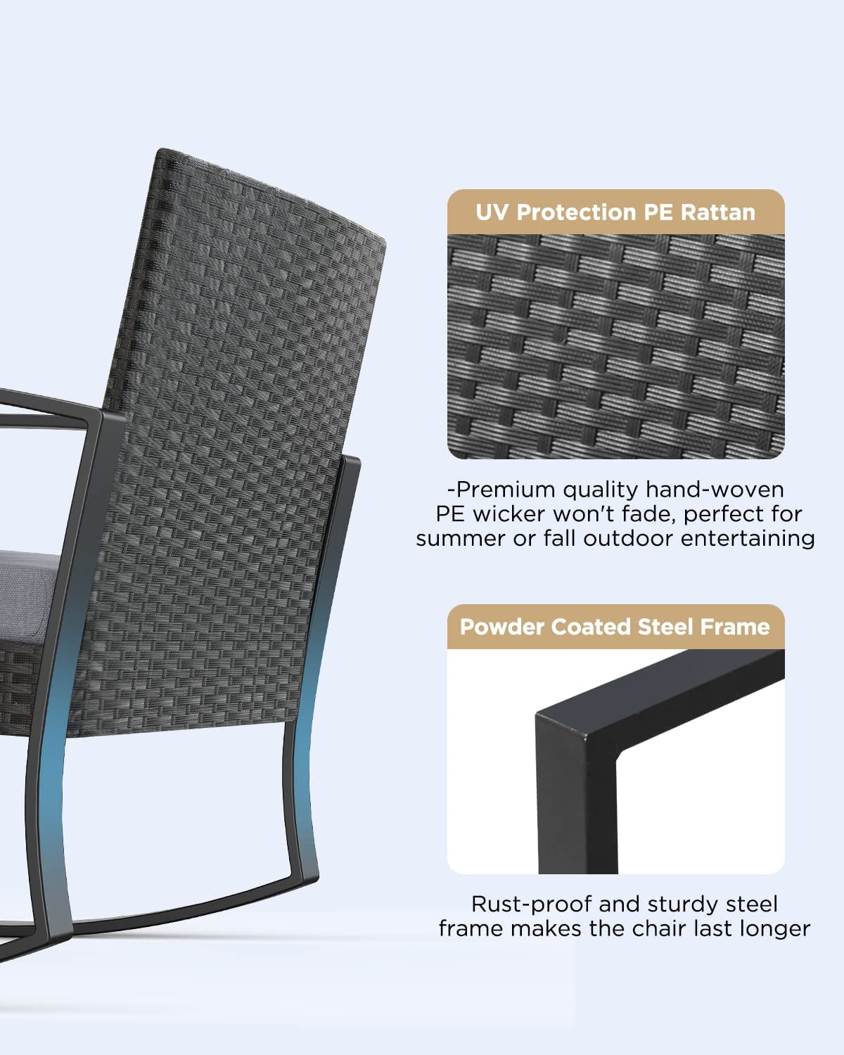 3 Piece Patio Bistro Set, Outdoor Furniture Rocking Chair Set with Glass Table, Beige Cushion