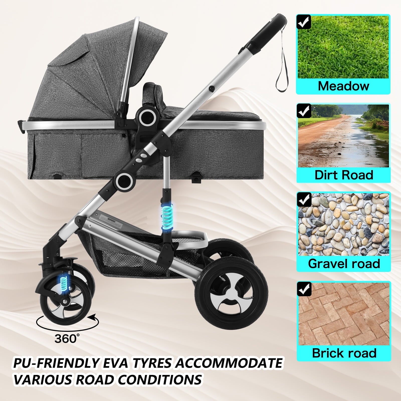 AILEEKISS 2 in 1 Convertible Baby Stroller, Unisex Folding Infant Newborn Bassinet Pram, Dark Grey