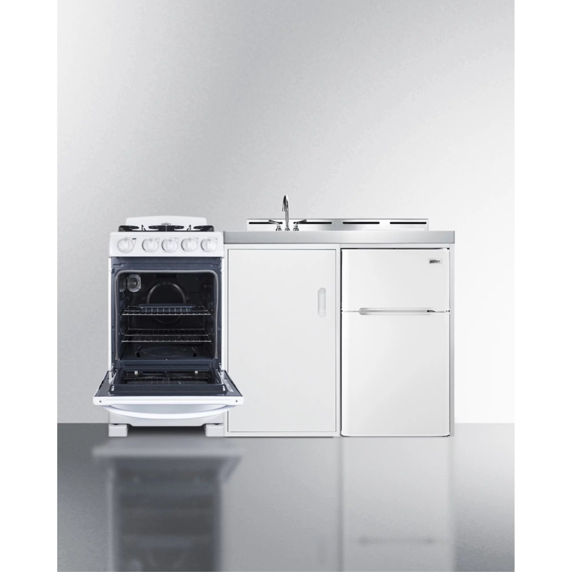 All-in-one combination kitchenette with refrigerator-freezer, sink, storage cabinet, and gas range