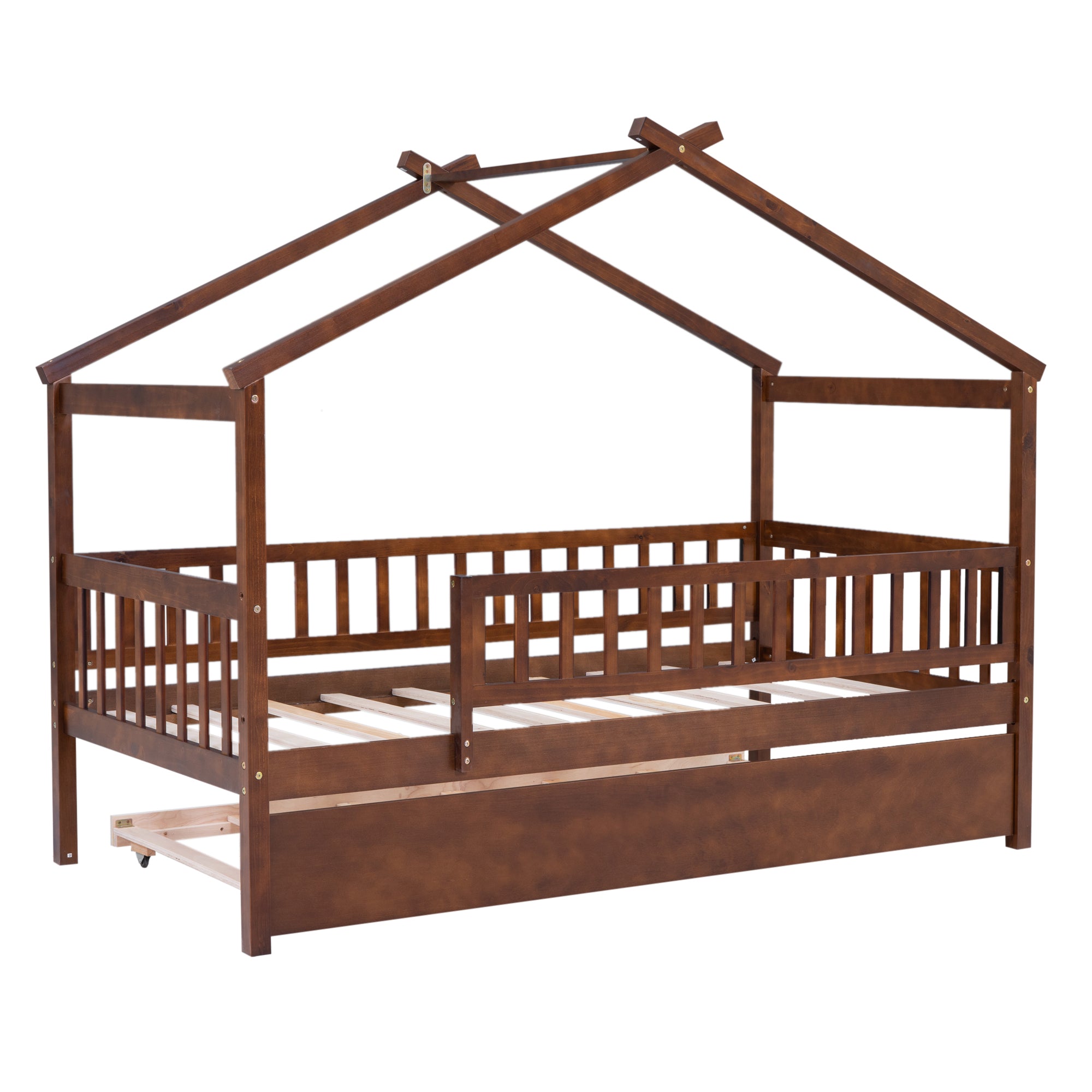 "Twin-Size Wooden House-Shaped Bed with Matching Twin-Size Trundle in Elegant Walnut Finish"