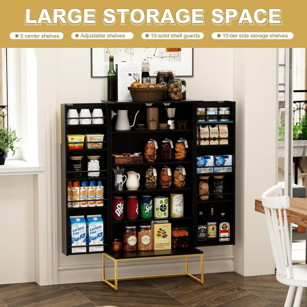 46.5'' Accent Wood Kitchen Pantry with Doors, Storage Cabinet with Adjustable Shelves, Food Pantry Cabinet for Kitchen, Dining Room, Living Room and Garage, Metal Legs,Black