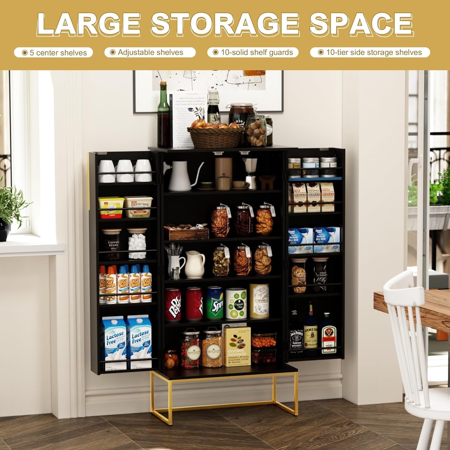 46.5'' Accent Wood Kitchen Pantry with Doors, Storage Cabinet with Adjustable Shelves, Food Pantry Cabinet for Kitchen, Dining Room, Living Room and Garage, Metal Legs,Black