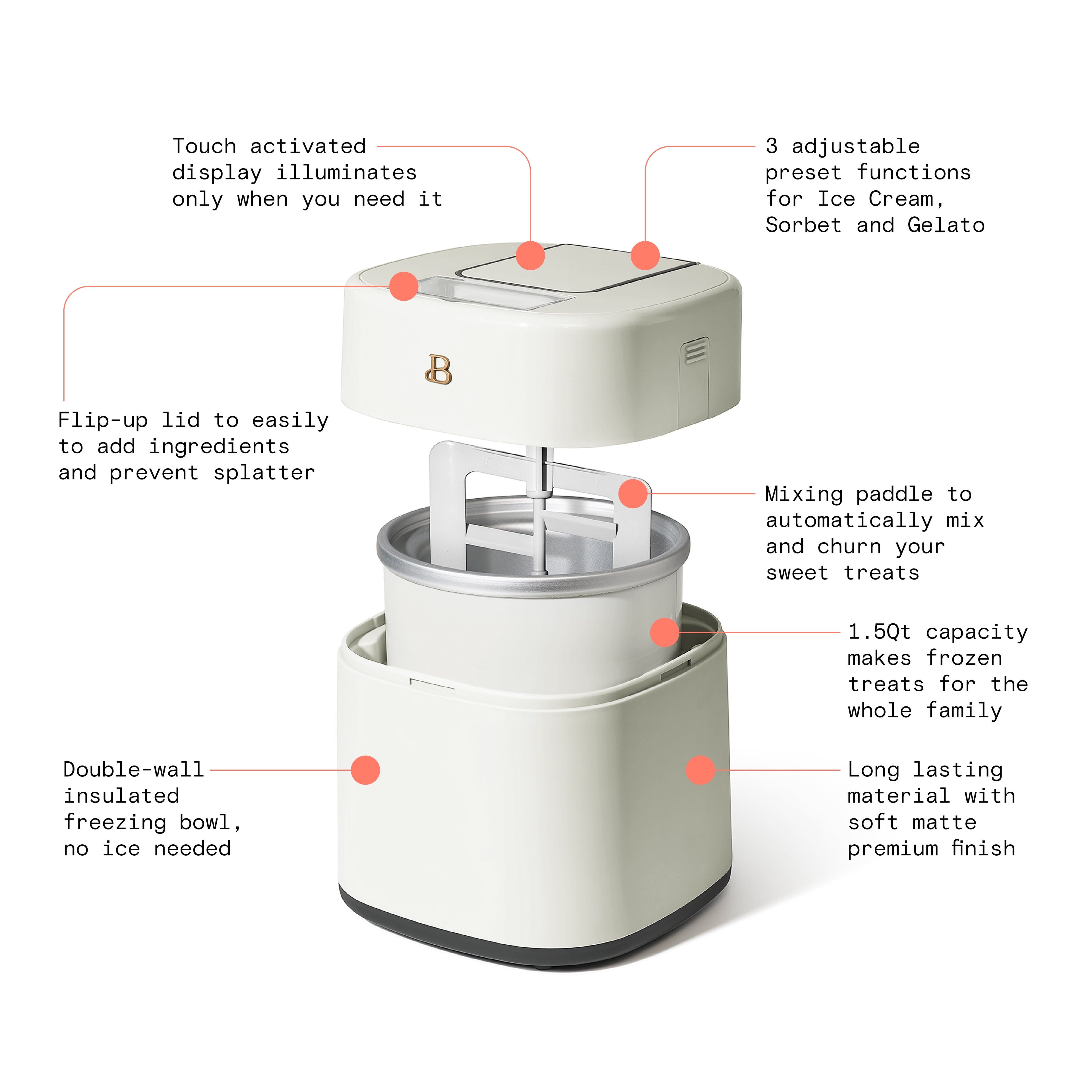 Beautiful 1.5 Qt Ice Cream Maker with Touch Activated Display, White Icing by Drew Barrymore