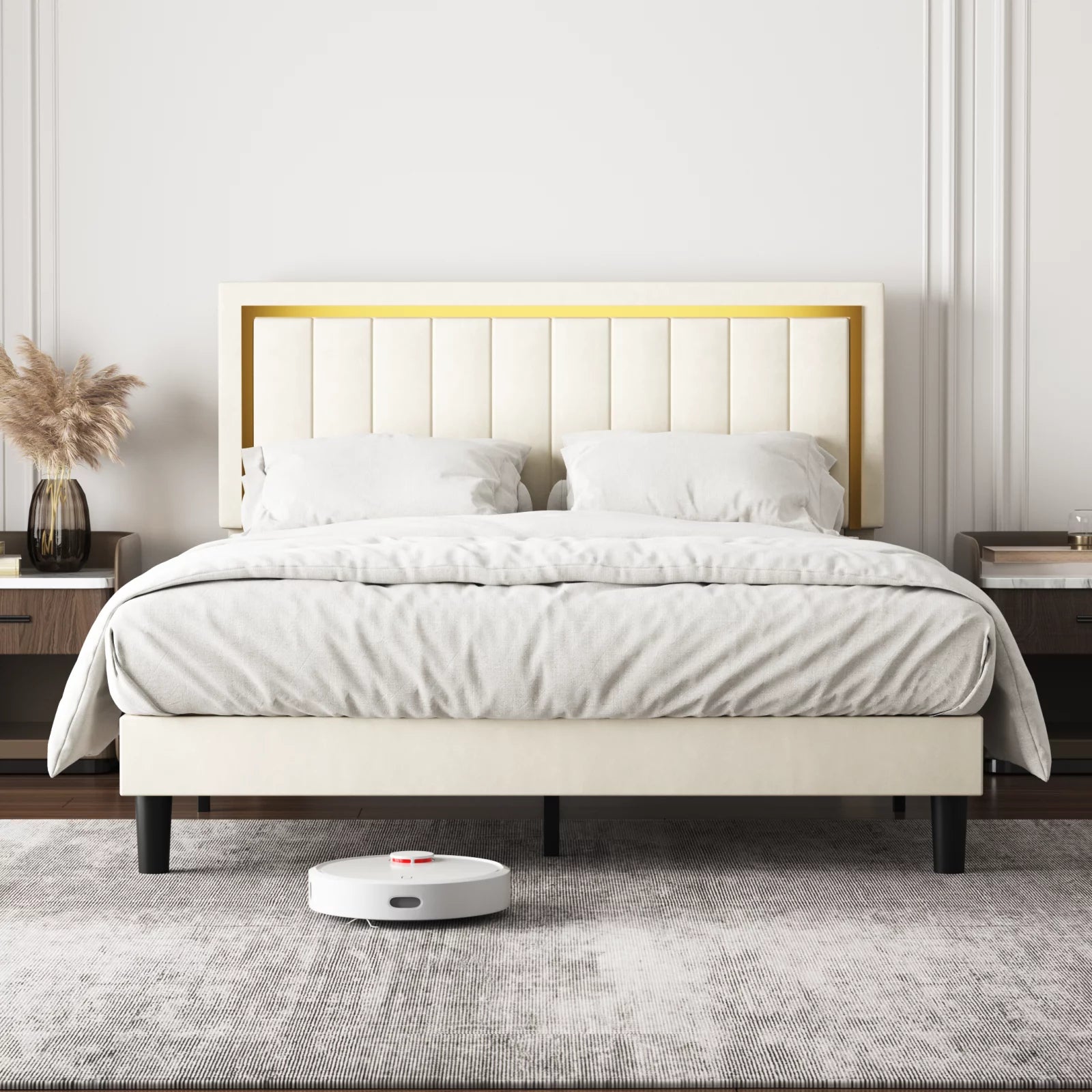 Bed Frame Upholstered Platform with Gold Trim Upholstered and Strong Wooden Slats, Strong Weight Capacity, Non-Slip and Noise-Free, Easy Assembly,Beige