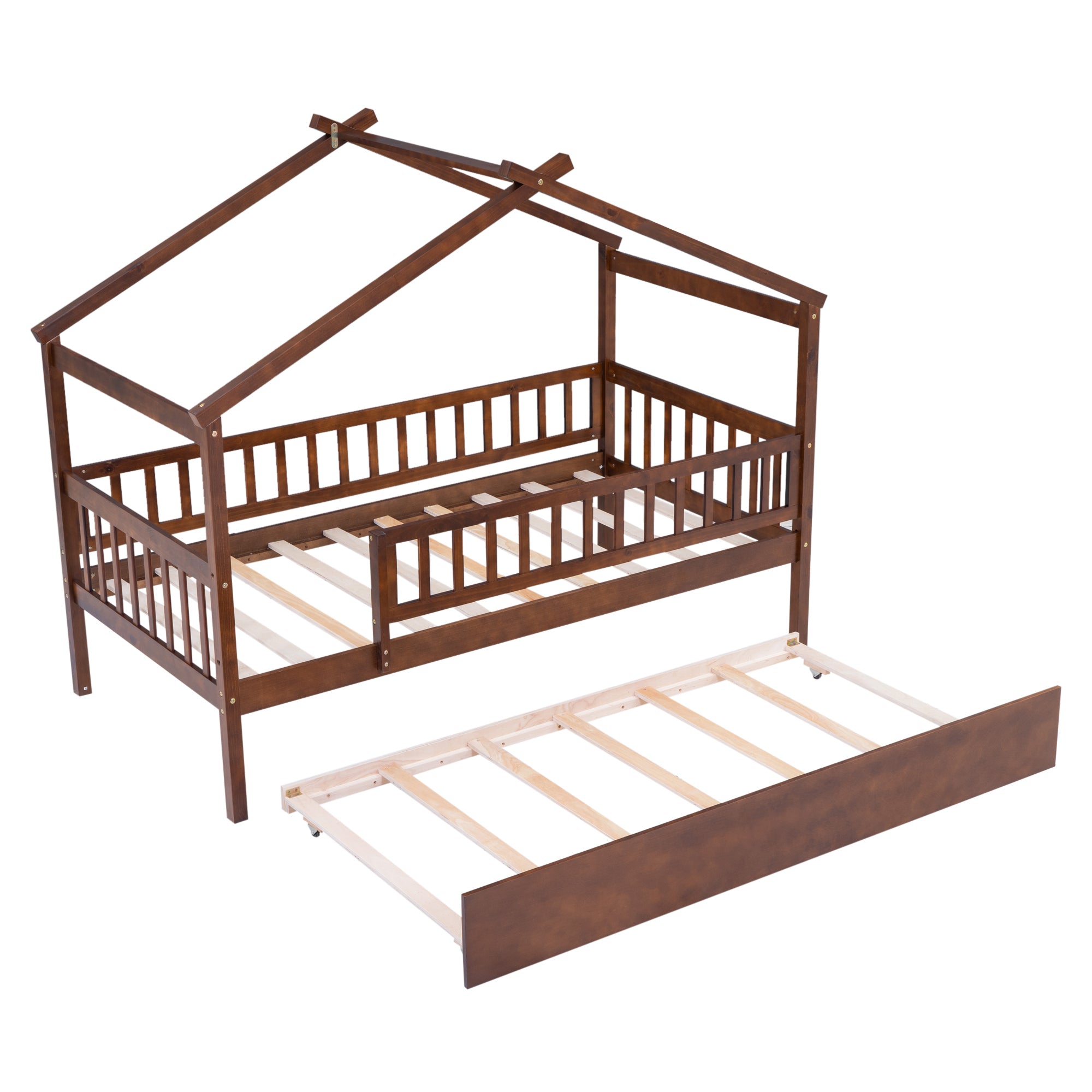 "Twin-Size Wooden House-Shaped Bed with Matching Twin-Size Trundle in Elegant Walnut Finish"
