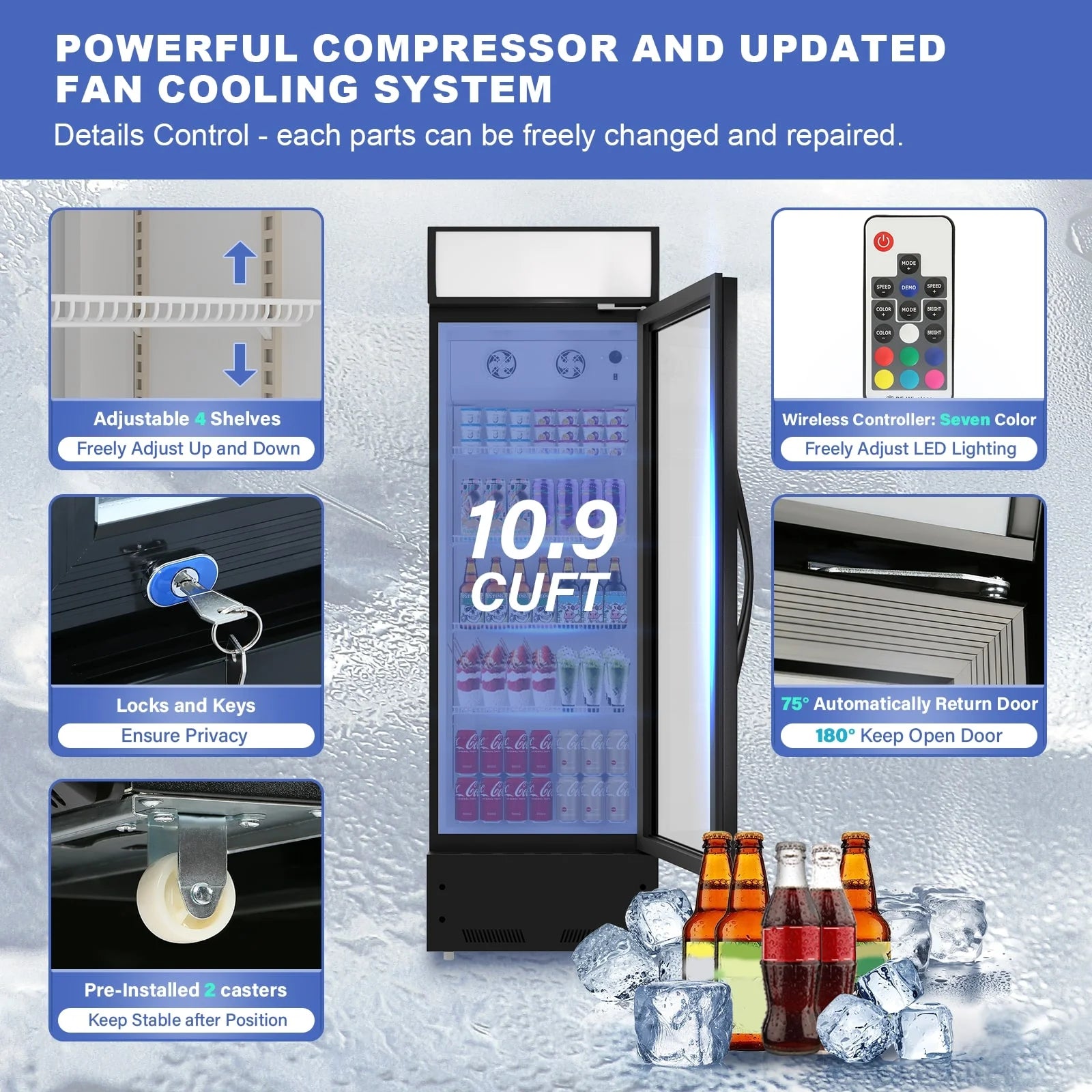 23 in. Merchandiser Refrigerator Display Glass Door Commercial Refrigerator 10.9 Cu.ft LED Lighting with Lightbox Black