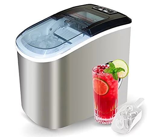 Angel Canada Stainless Steel Portable Ice Maker Compact Countertop with Panoramic View Window, Ice Cube Machine, Bullet Cubes in S/L Size 26 lb/24H for Home Office Party, Boat RV