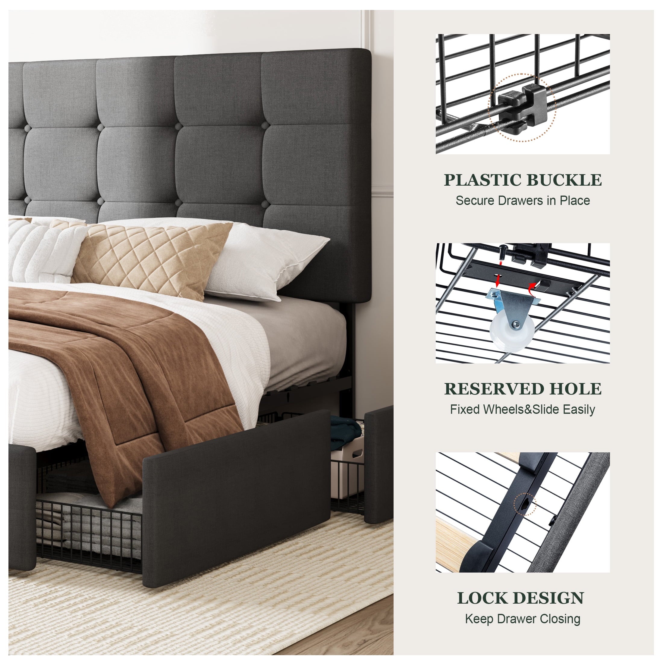 Amolife Queen Size Platform Bed Frame with Headboard and 4 Storage Drawers, Button Tufted Style, Mattress Not Included, Dark Gray