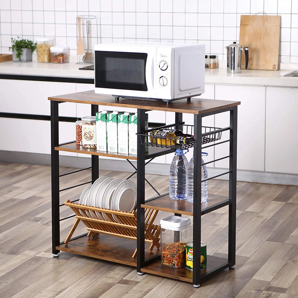 35" Industrial Kitchen Baker's Rack, Coffee Bar, Microwave Oven Stand Metal Frame, Wire Basket 6 Hooks Mini Oven