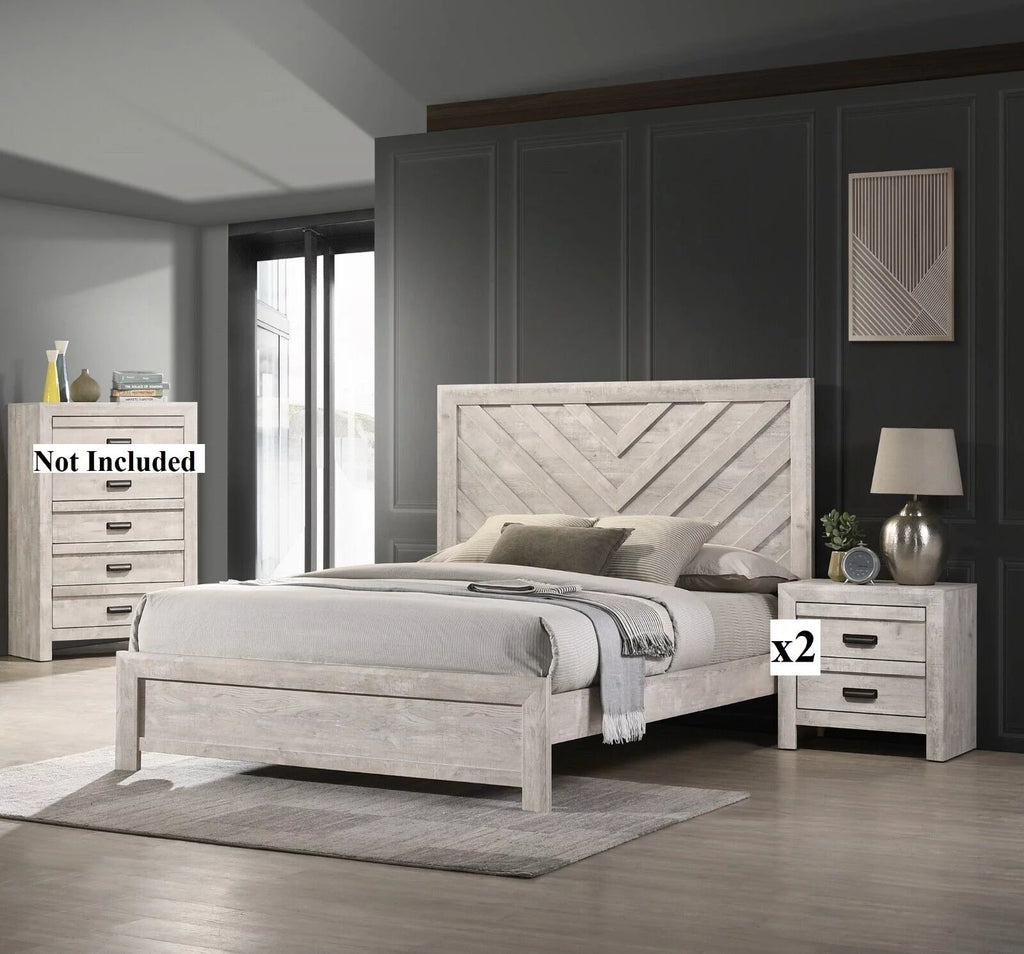 3pc Rustic Beige Gray Finish Bedroom Furniture Queen Bed 2x Nightstand Set