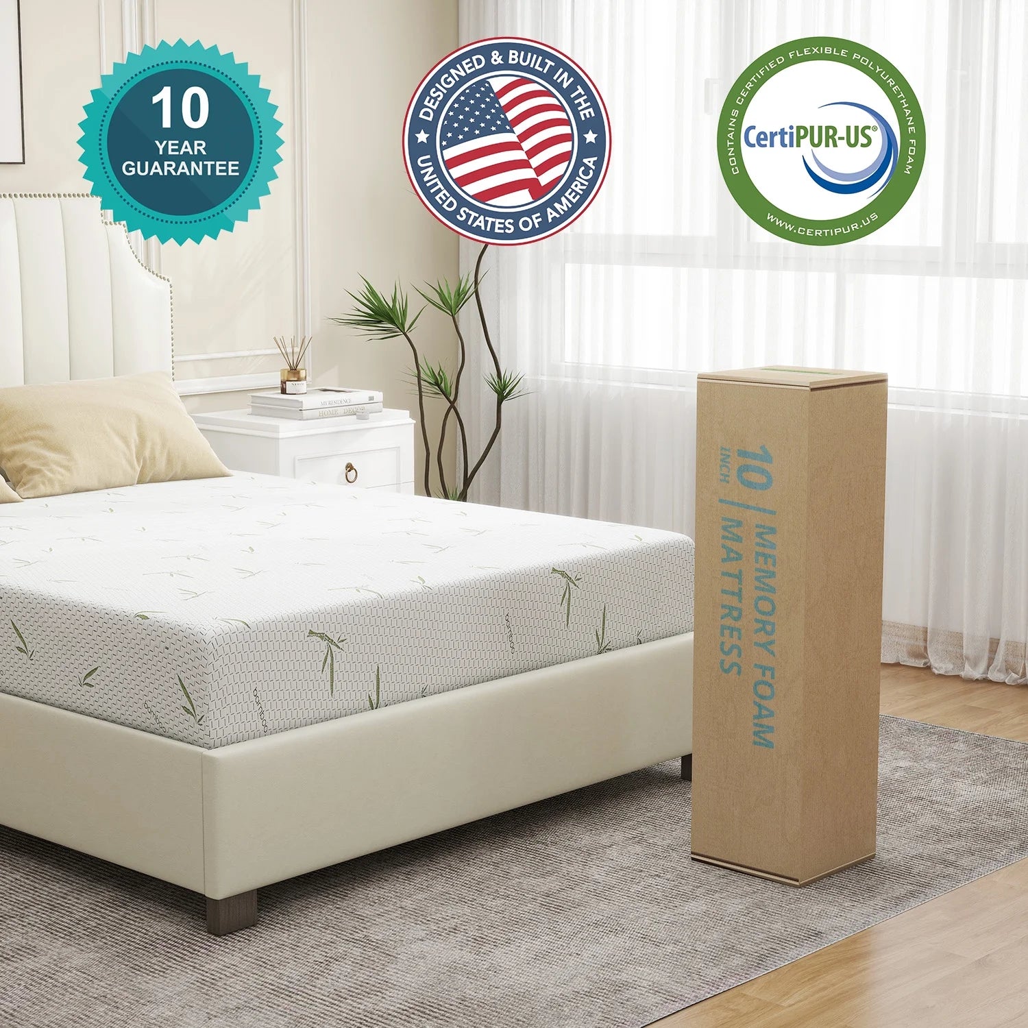 6'' Twin Size Memory Foam Mattress with Bamboo Pattern Cover Breathable Bed Mattress in a Box, CertiPUR-US, Made in USA