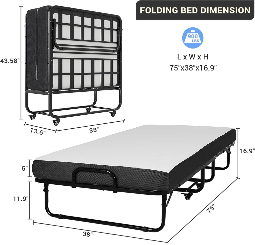 Afuhokles Folding Bed with Mattress, 75 x 38 Twin Size Portable Foldable Guest Bed with Wheels - 5'' Luxurious Memory Foam Mattress