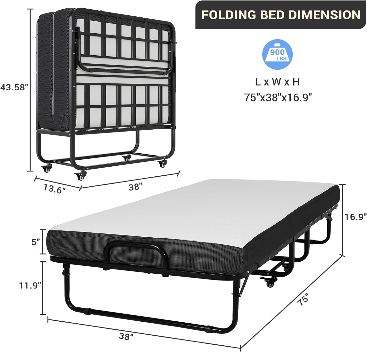 Afuhokles Folding Bed with Mattress, 75 x 38 Twin Size Portable Foldable Guest Bed with Wheels - 5'' Luxurious Memory Foam Mattress