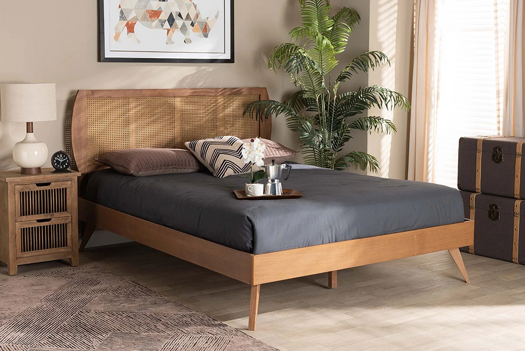 Baxton Studio Asami Mid-Century Modern Walnut Brown Finished Wood and Synthetic Rattan King Size Platform Bed
