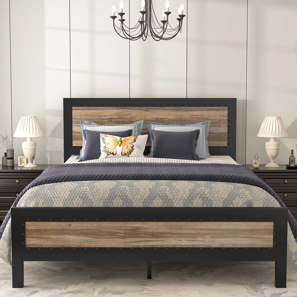 Allewie Brown Queen Size Metal Platform Bed Frame with Rivet Headboard and Black Frame, Industrial Wooden Headboard