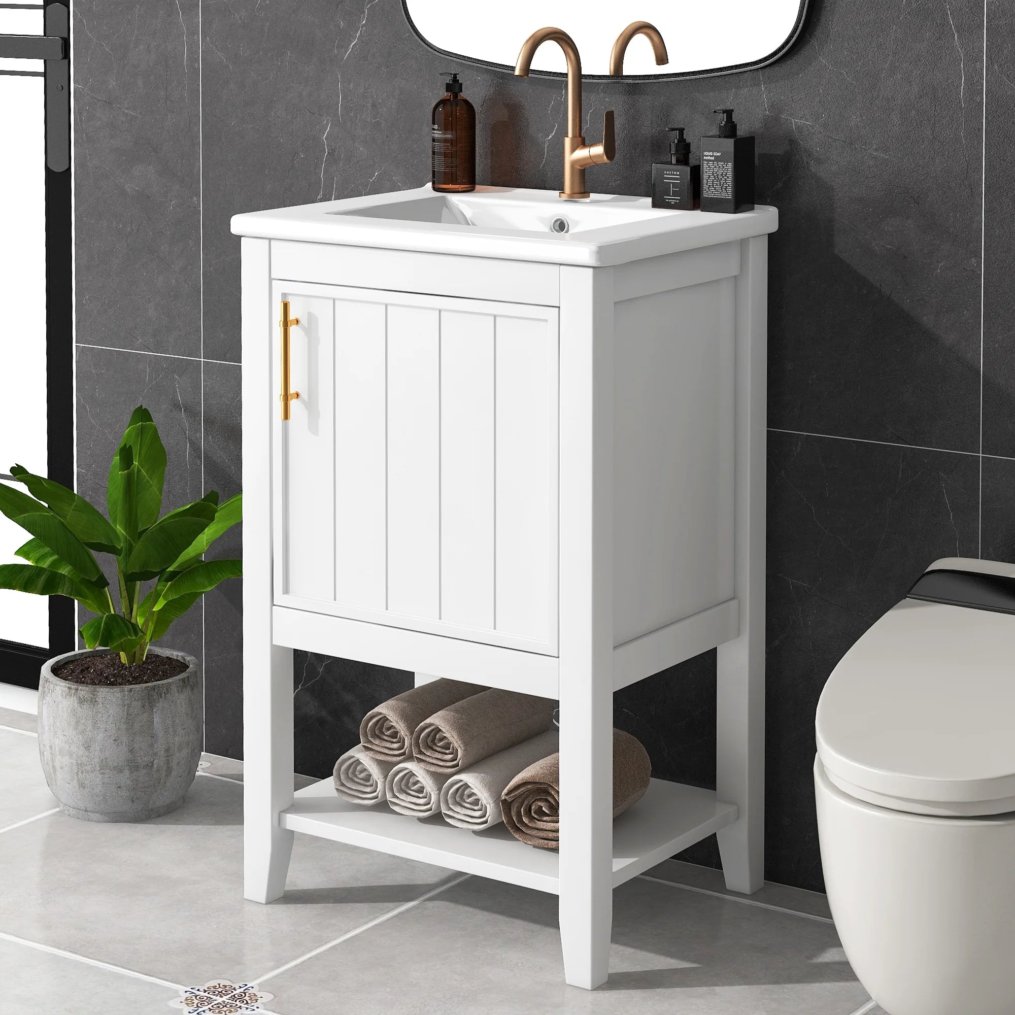 20" Bathroom Vanity with Sink, Freestanding Bathroom Storage Cabinet with Door and Open Shelf Rack, Solid Wood Cabinet Basin Vessel Sink Set