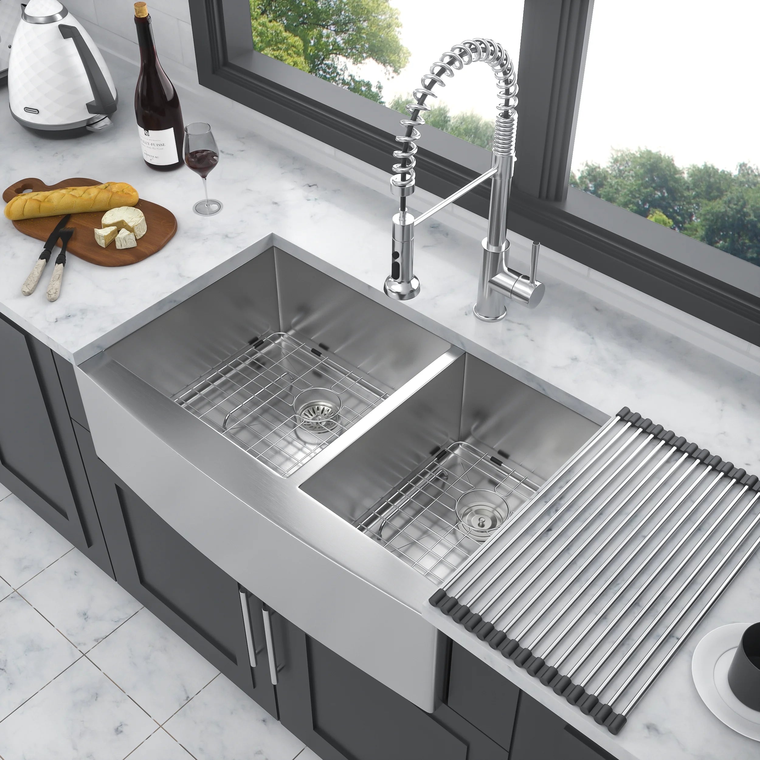 33"x20"x9" Brushed Nickel Stainless Steel Farmhouse Apron Front Kitchen Sink, 60/40 Double Bowl