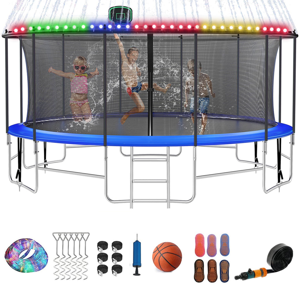 16FT Trampoline for 8-9 Kids Adults with Basketball Hoop, Ladder, Light, Sprinkler, Socks, Outdoor Heavy Duty Recreational Trampoline