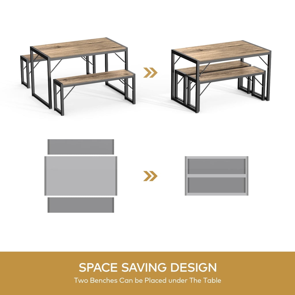 Aiho 45.5" Dining Table Set for 4, Kitchen Table with 1 Table & 2 Benches, Dining Room Set for Small Spaces - Gray
