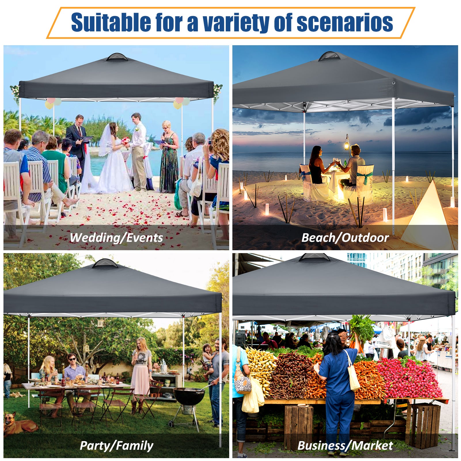 10'x10' EZ Pop Up Canopy with Top Vent, Large Commercial Tent, Waterproof and Sunproof with 4 Removable Sidewalls, Suitable for Weddings come with 4 Sandbags (Black)