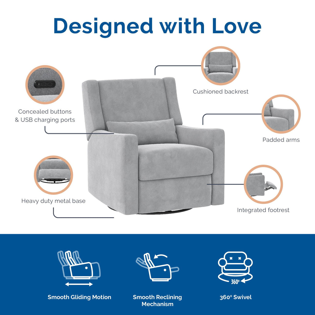 Baby Relax Otto 4-in-1 Nursery Swivel Glider Rocker Power Recliner with USB Ports, Gray Velvet