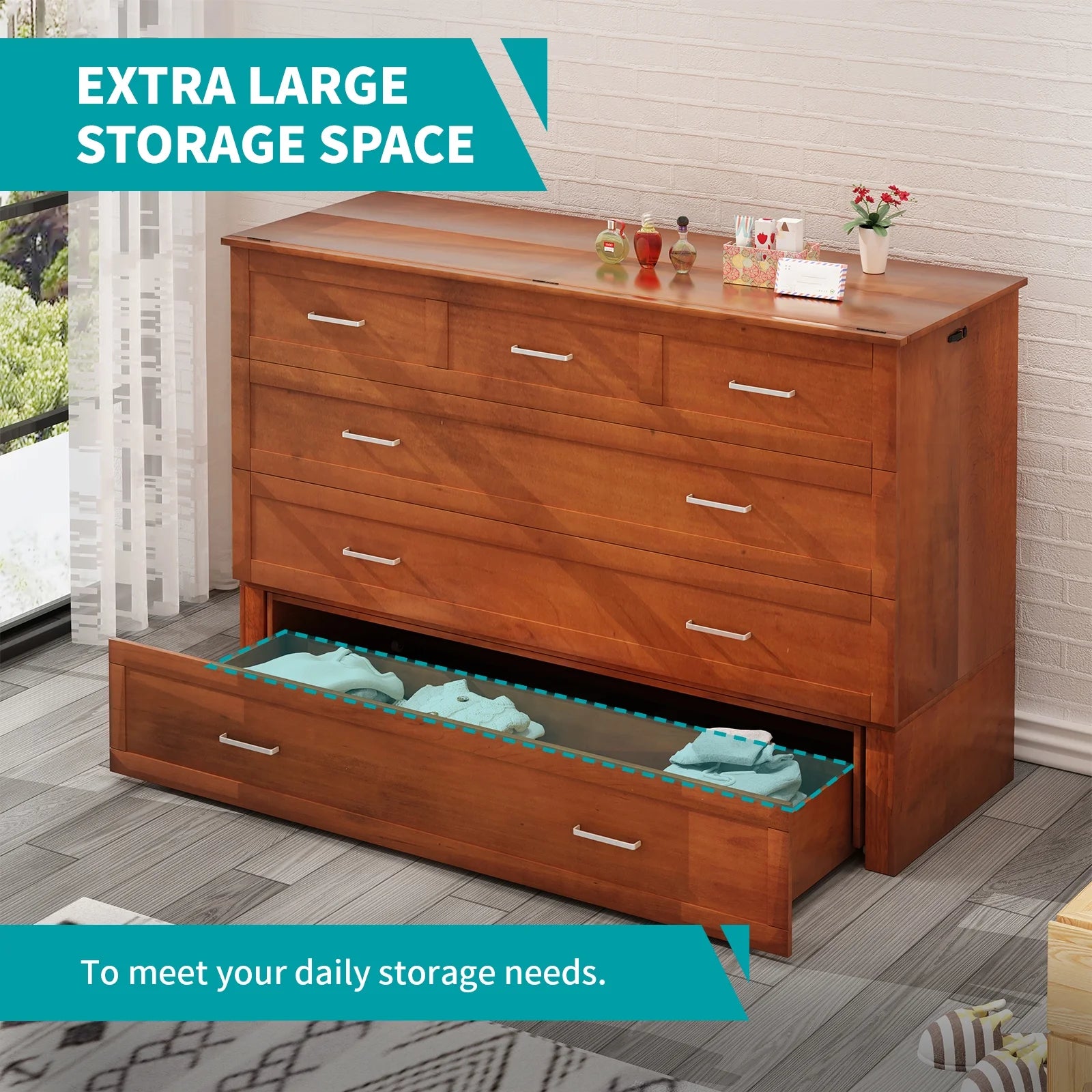 BALUS Murphy Bed Cabinet with Mattress,Modern Muti-Functional Cube Cabinet Bed with USB Charging Station&2 Large Drawers&3 Level Folding Foam Mattress for Living Room/Loft/Apartment,Queen (Cherry)