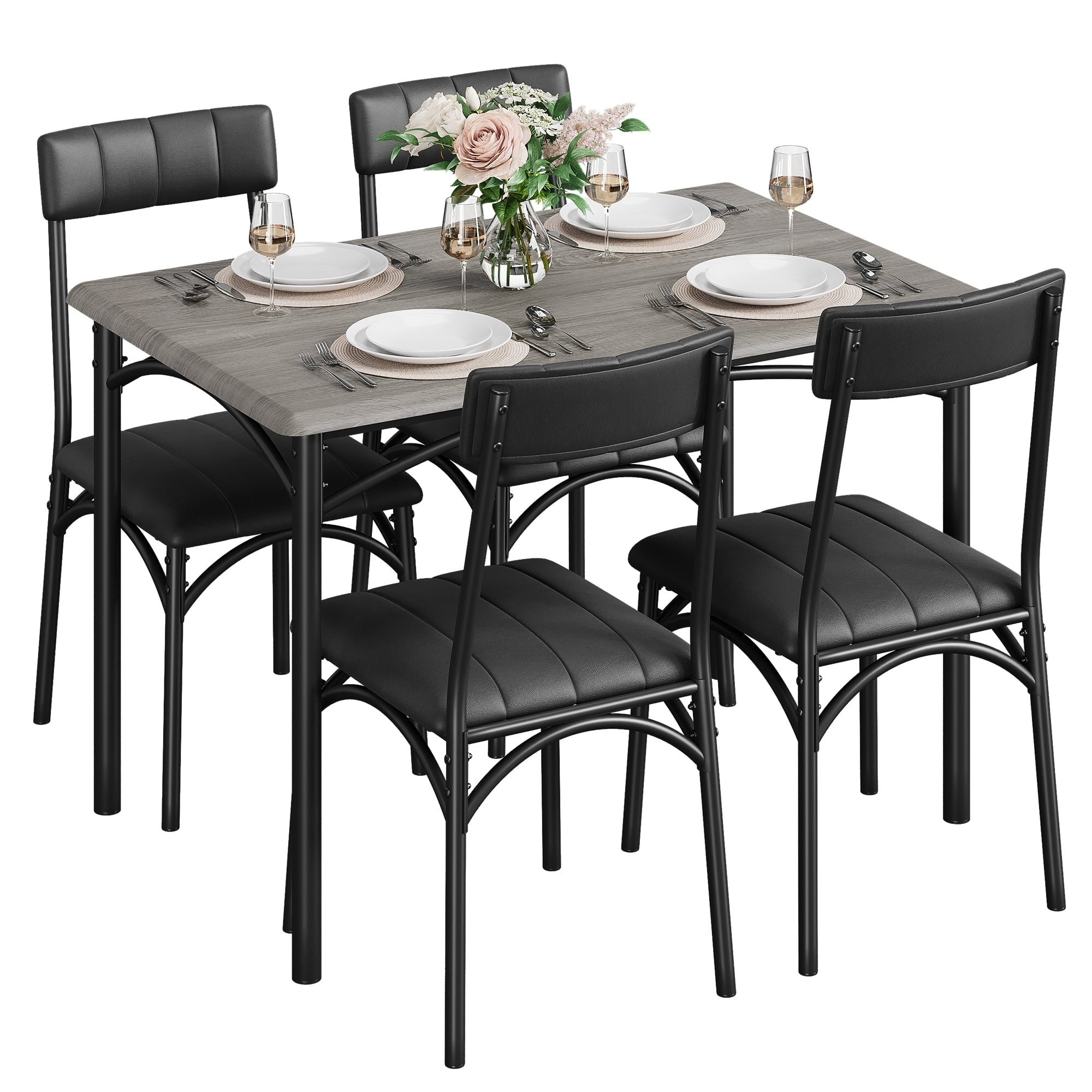 2024 New Dining Table Set for 4, Kitchen Table and Chairs, Metal and Wood Rectangular Dining Room Table Set with 4 Upholstered Chairs, 5 Piece Dining Set for Small Space, Apartment