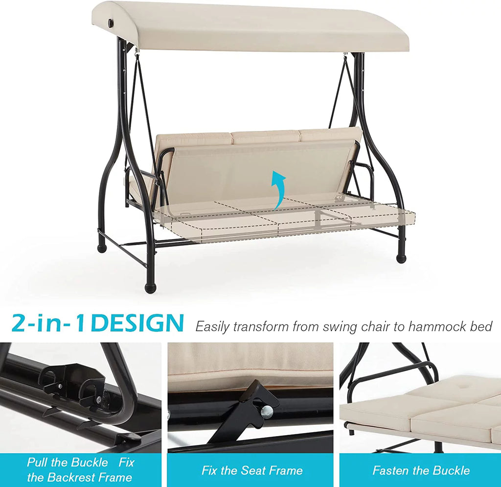 3-Seat Outdoor Porch Swing with Adjustable Backrest and Canopy, w/Removable Cushions Outdoor Swing Bed for Porch, Backyard, Poolside, Beige