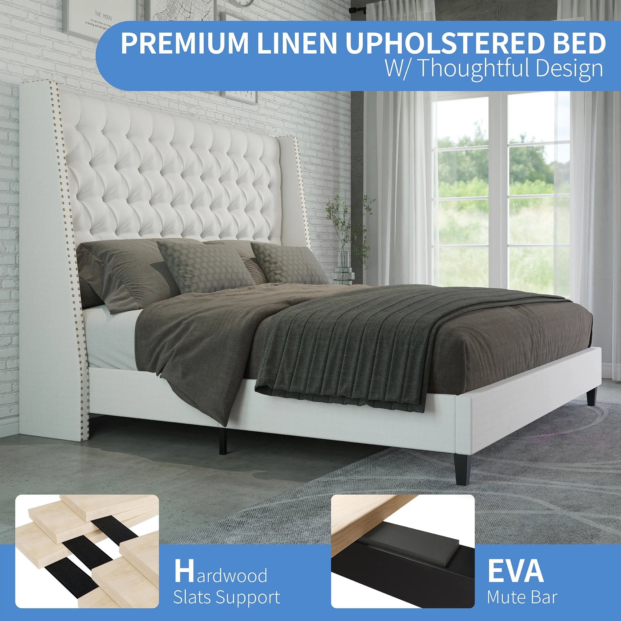 Amerlife Queen Size Nail Button Tufted Wingback Bed Frame, Linen Upholstered Platform Bed with 56" High Wingback Headboard, No Box Spring Needed, White