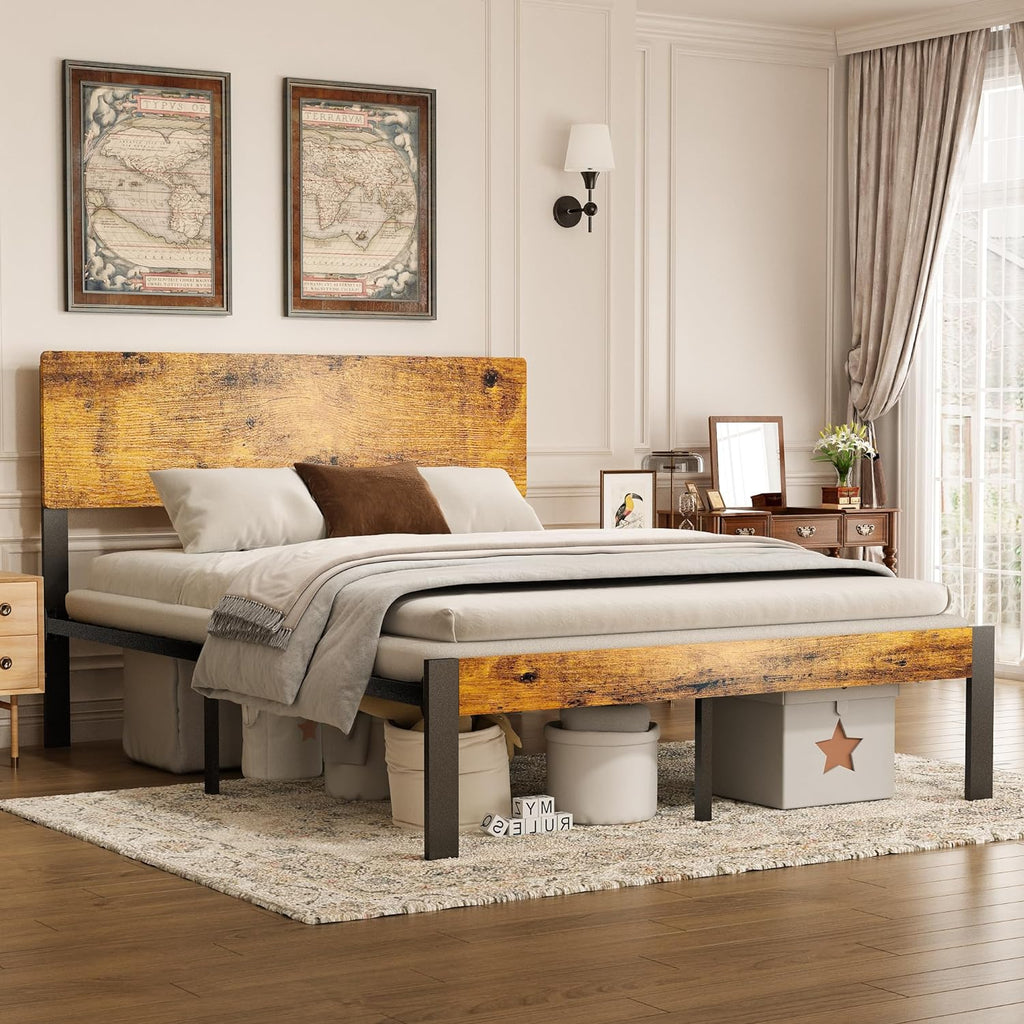 Bed Frame with Wooden Headboard and Footboard, Metal Platform Bed Frame with Strong Steel Slat Support, Mattress Foundation/No Box Spring Needed/Non-Slip/Noise Free (Queen)