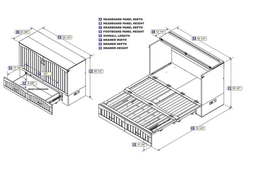 AFI Southampton Full Wood Murphy Bed Chest with Mattress, Drawer & Charger in Walnut