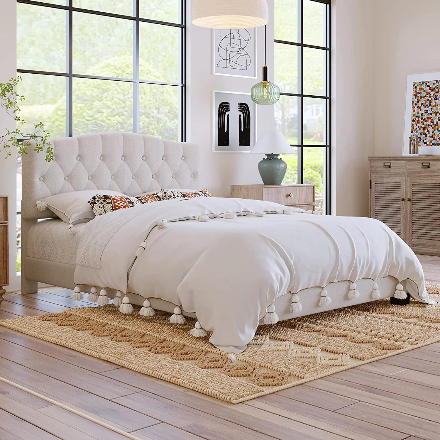 AngLink Linen Curved Upholstered Full Size Platform Bed with Diamond Tufted/Wood Bed Frame/Wood Slats, No Box Spring Needed -Beige, Full