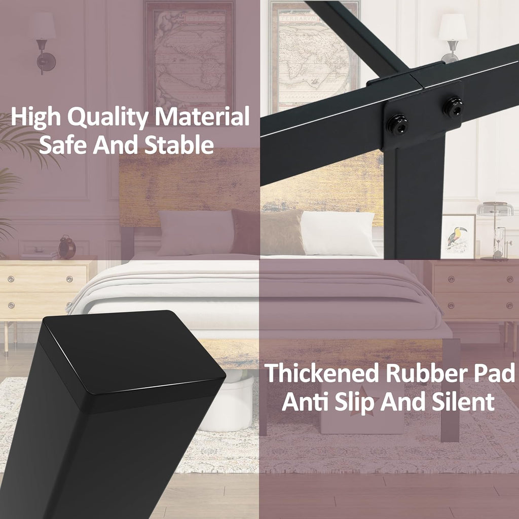 Bed Frame with Wooden Headboard and Footboard, Metal Platform Bed Frame with Strong Steel Slat Support, Mattress Foundation/No Box Spring Needed/Non-Slip/Noise Free (Queen)