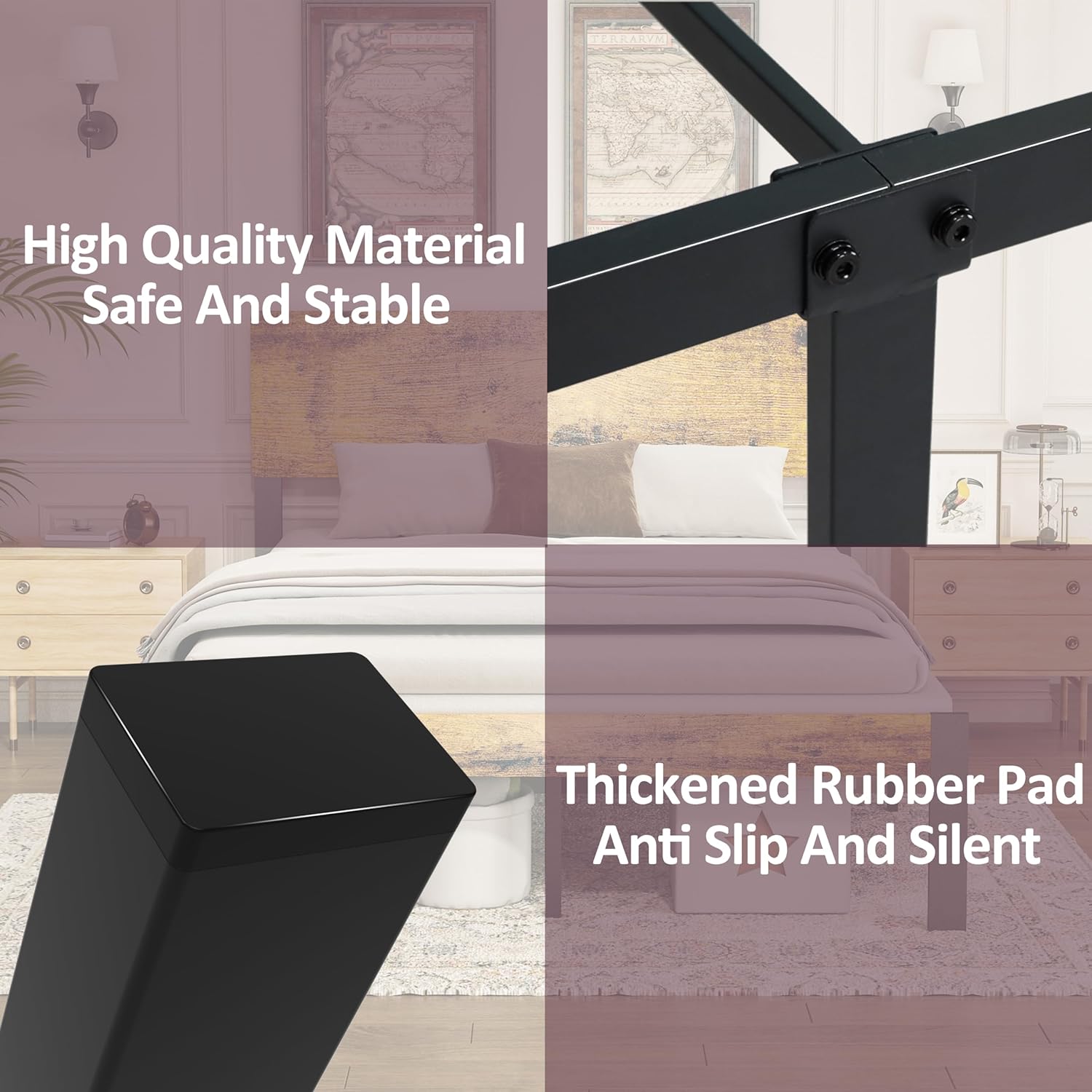 Bed Frame with Wooden Headboard and Footboard, Metal Platform Bed Frame with Strong Steel Slat Support, Mattress Foundation/No Box Spring Needed/Non-Slip/Noise Free (Queen)