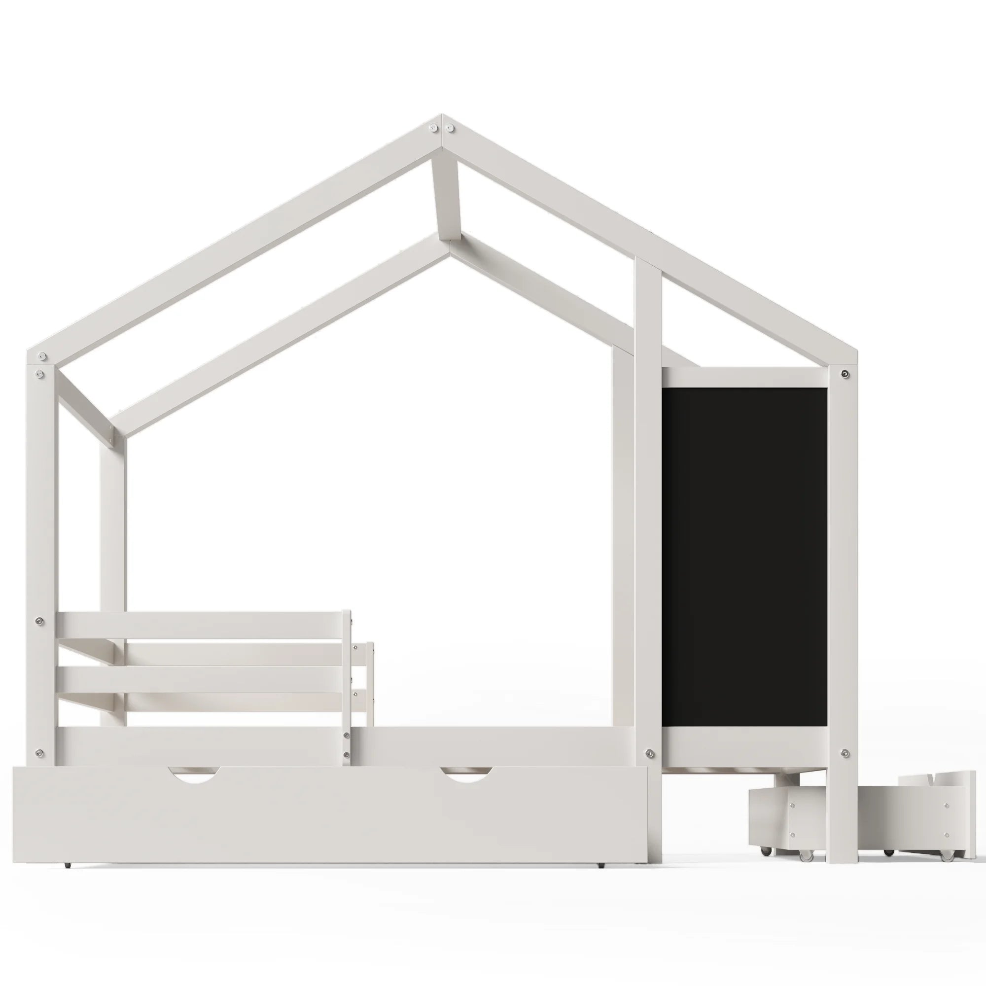 Bellemave Full Size House Bed with Storage Drawers and Blackboard Playhouse Platform Bed with Guardrails and Wooden Slats Montessori Full House Bed for Kids, Boys, Girls, 2 Assembly Options, White