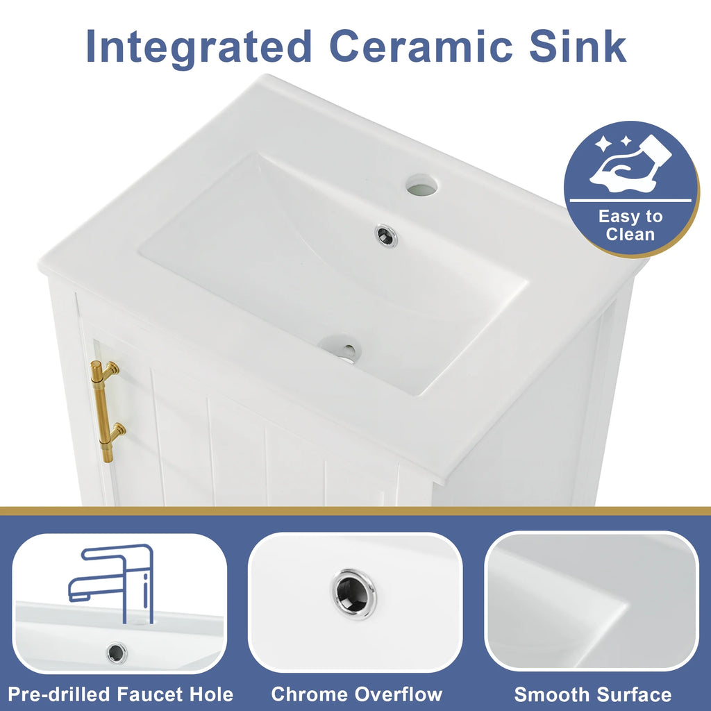 20" Bathroom Vanity with Sink, Freestanding Bathroom Storage Cabinet with Door and Open Shelf Rack, Solid Wood Cabinet Basin Vessel Sink Set