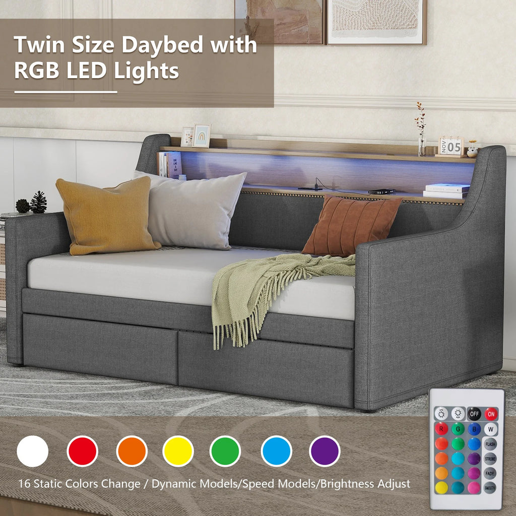Belin Twin Size Daybed  with Charging Station and LED - Gray