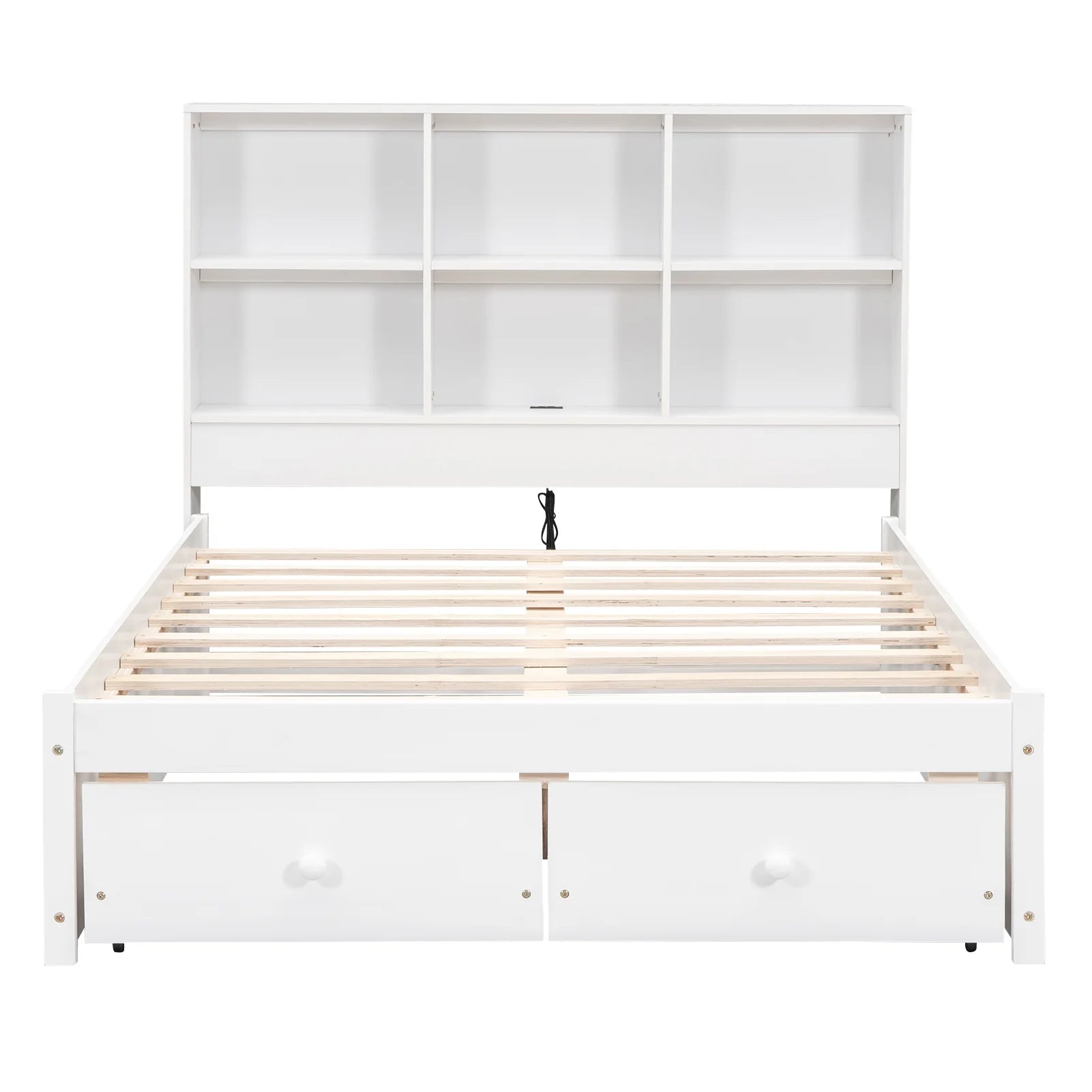 Bellemave Full Size Platform Bed With 2 Drawers and Storage Headboard Full Storage Platform Bed with USB Charging Port and Wooden Slats for Kids, Teens, Adult, no Box Spring Needed, White