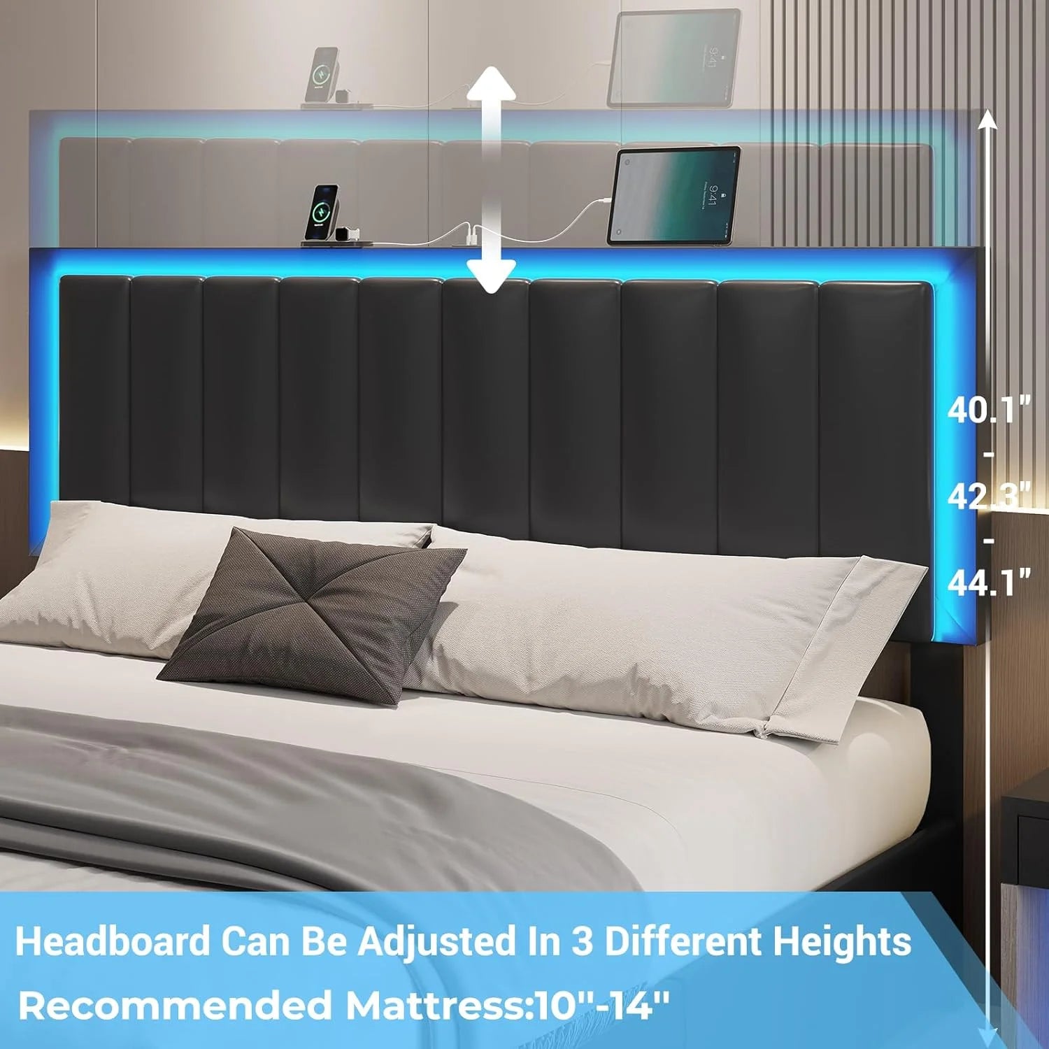 Afuhokles King Size LED Bed Frame with 4 Storage Drawers and USB and Type-C Ports, Upholstered Platform Bed Frame with Headboard, Black