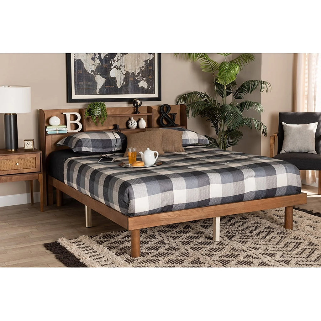 Baxton Studio Harper Mid-Century Modern Transitional Walnut Brown Finished Wood Full Size Platform Bed with Charging