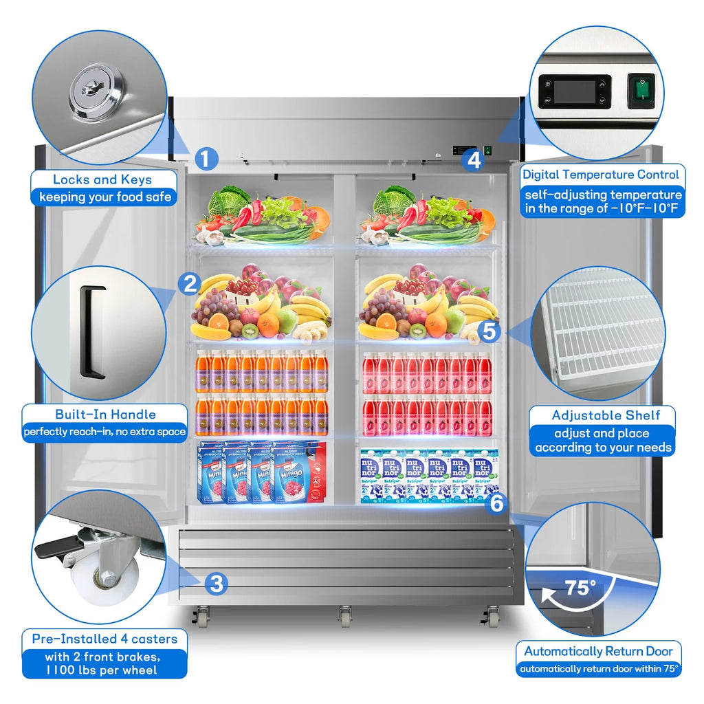 54"W Commercial Refrigerator, 2 Section Reach-in Solid Door, 49 Cu.ft Stainless Steel Upright Commercial Refrigerator, for Restaurant Shop Bar Residentials