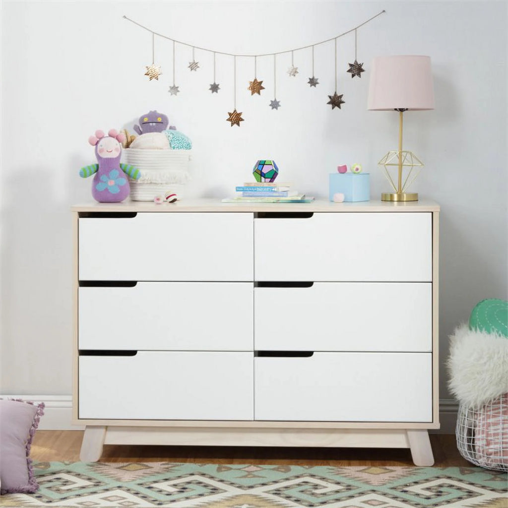 Babyletto Hudson 6 Drawer Double Wood Dresser in Washed Natural and White Beige