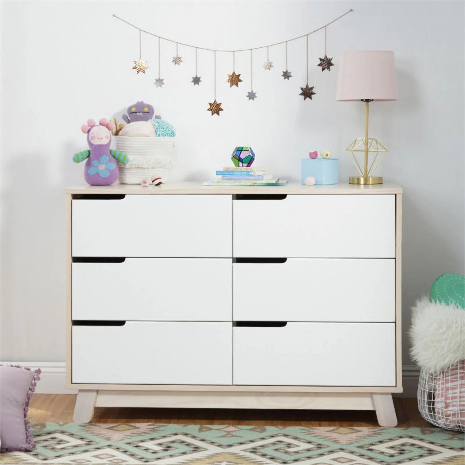 Babyletto Hudson 6 Drawer Double Wood Dresser in Washed Natural and White Beige