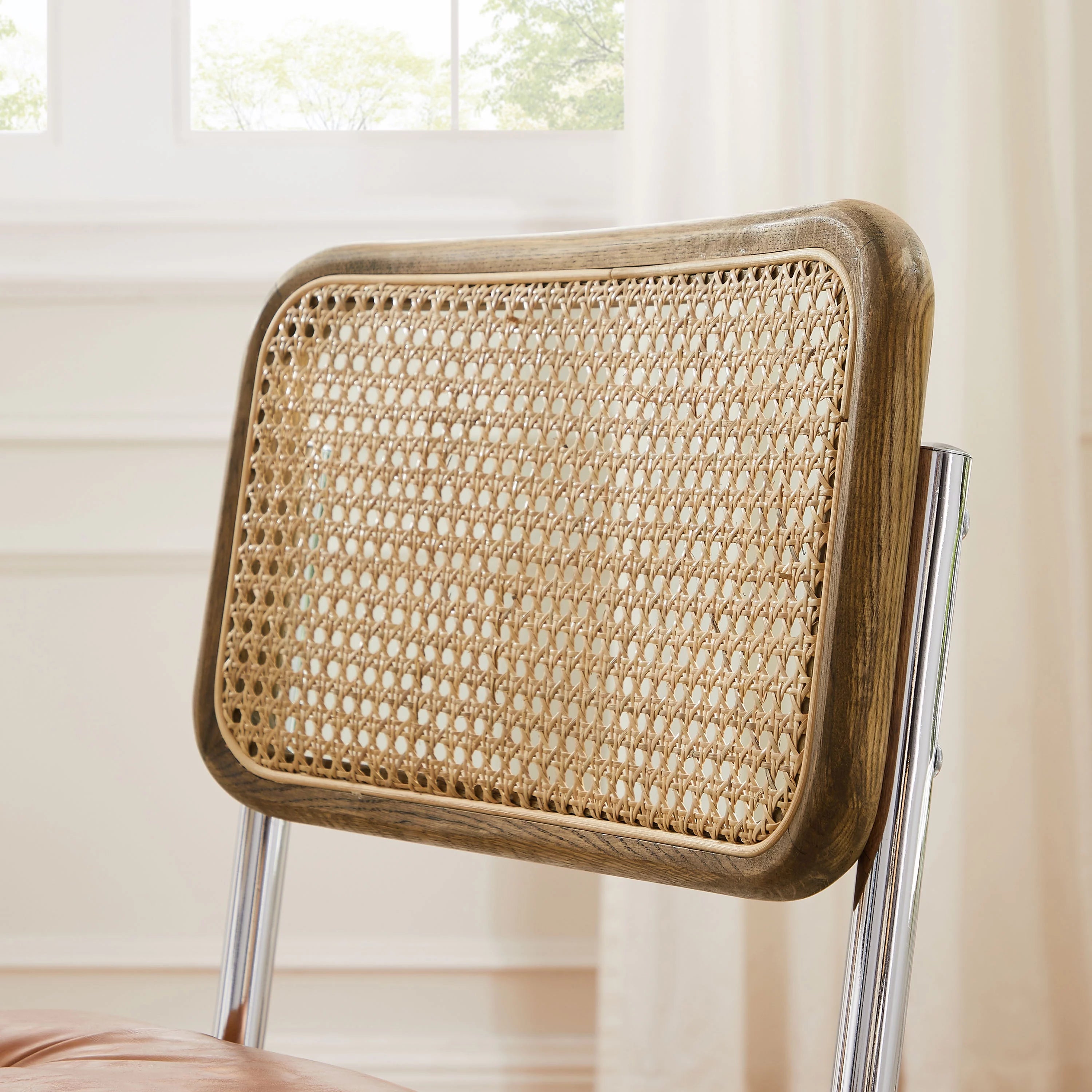 Art Leon Dining Chairs Set of 2,Rattan Upholstered Side Chairs with Cane Back, Faux Leather Dining Room Chairs, Yellow Brown