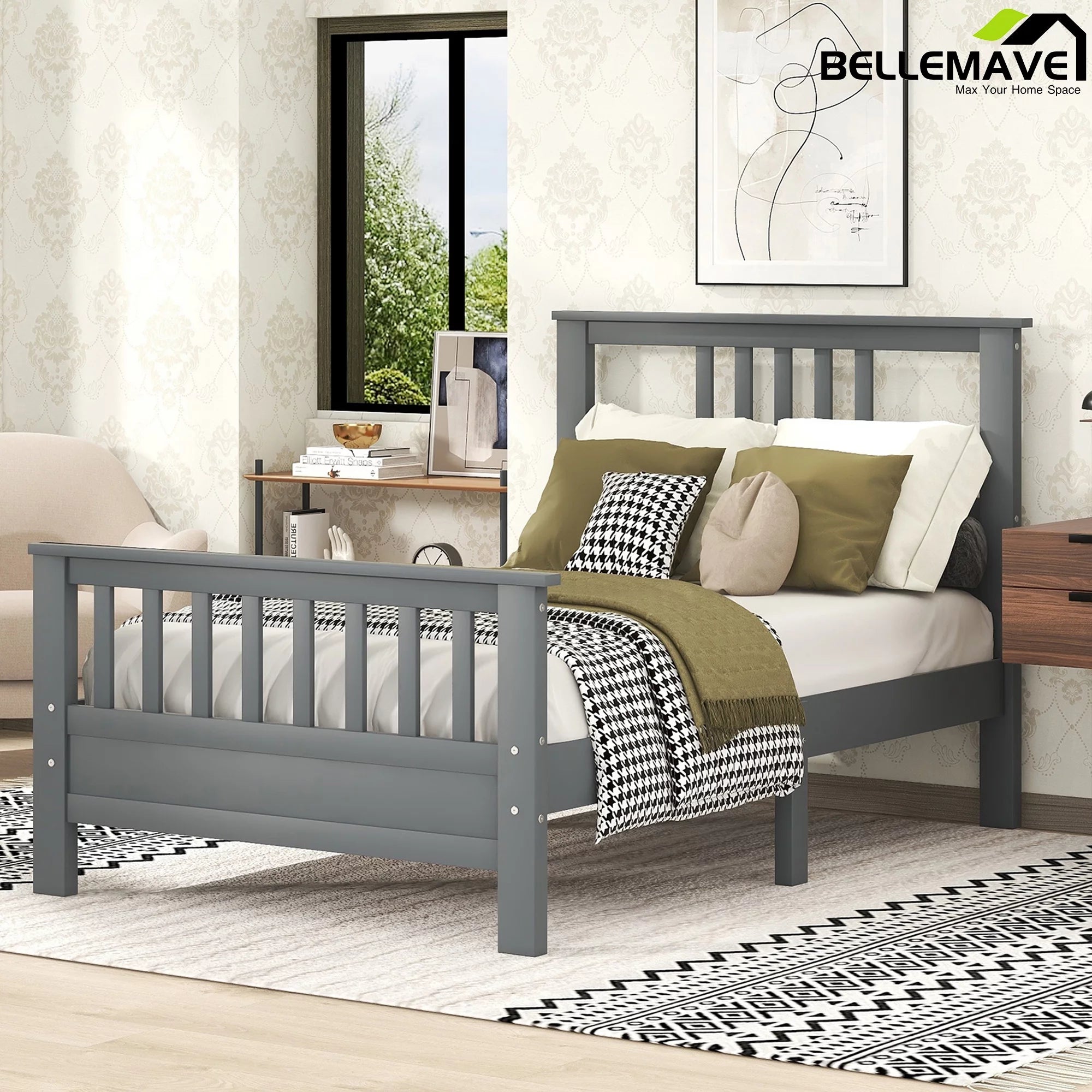 Bellemave Twin Size Bed Frames with Headboard and Footboard, Wood Twin Platform Bed,Wood Slats Great Support with Six Legs for Kids,Teens,Adults(Twin,Gray)