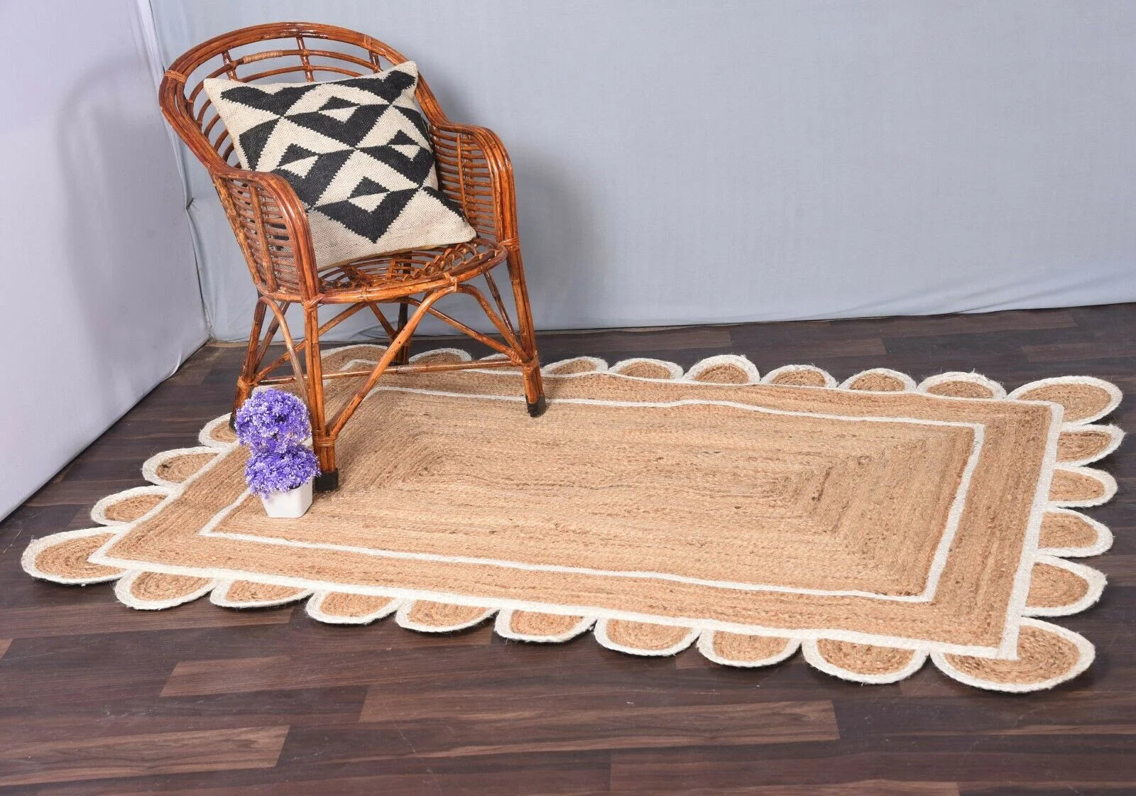 2 x 3 Feet ( 60 cm x 90 cm ) Natural Jute with White Scalloped Area Rugs , Home Decor Rugs