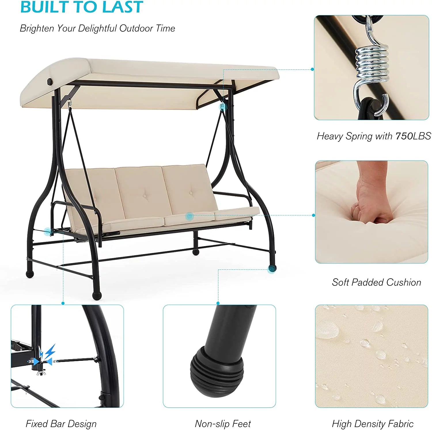 3-Seat Outdoor Porch Swing with Adjustable Backrest and Canopy, w/Removable Cushions Outdoor Swing Bed for Porch, Backyard, Poolside, Beige