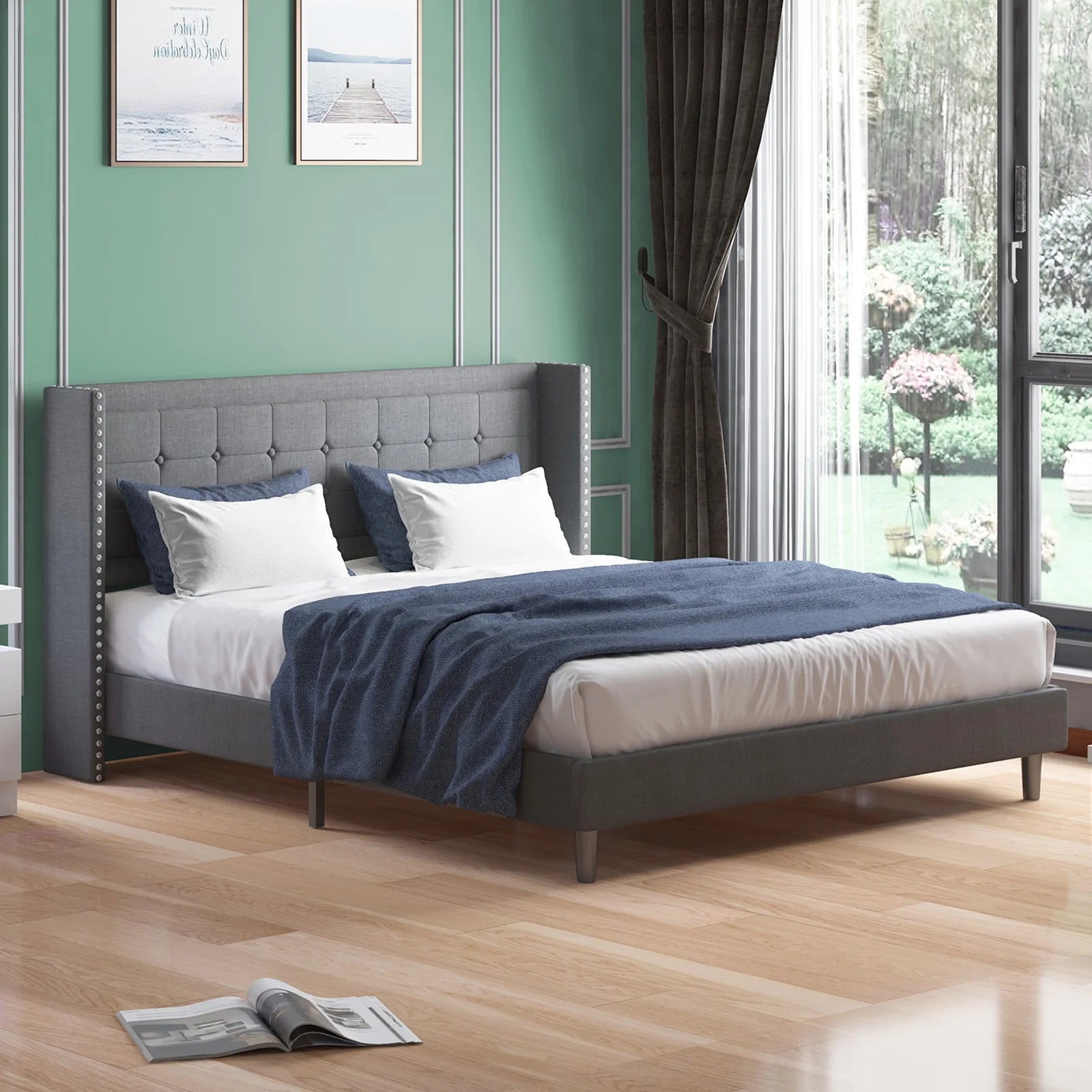 BALUS Full Bed Frame with Upholstered Headboard, Linen Fabrics, Metal Frame and Wood Slats Support, Madison Bed with Classic Modern Design, Easy Assembly, No Box Spring, Dark Gray